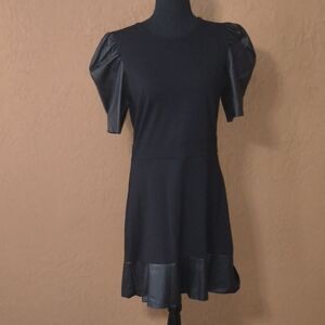 NWT Michael Kors Faux Leather Ponte Puff Sleeve Dress Black Size Medium